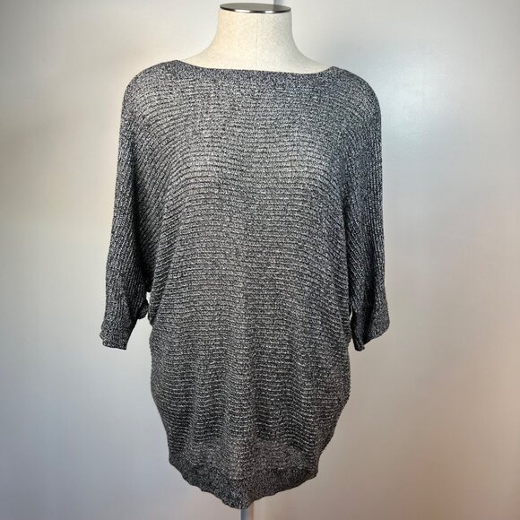 EXPRESS Black and White Marled Mesh Dolman 3/4 Sleeve Knit Sweater Size Medium - Picture 7 of 9